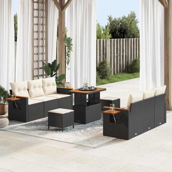 ARDEBO.de - 9-Teiliges Garten Sofa Set mit Kissen Schwarz Poly Rattan Akazie, 3-Teiliges Garten Essenset mit Kissen Schwarz Poly Rattan Akazie
