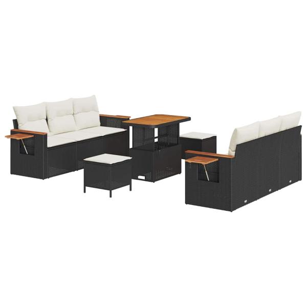 9-Teiliges Garten Sofa Set mit Kissen Schwarz Poly Rattan Akazie, 3-Teiliges Garten Essenset mit Kissen Schwarz Poly Rattan Akazie