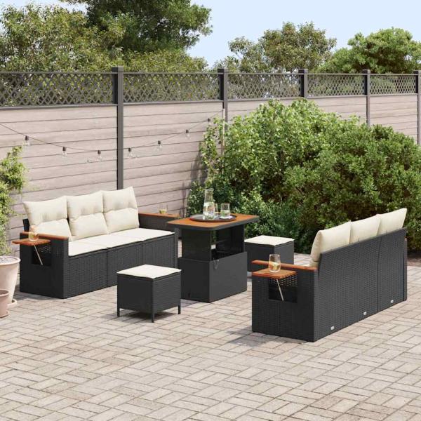 9-Teiliges Garten Sofa Set mit Kissen Schwarz Poly Rattan Akazie, 3-Teiliges Garten Essenset mit Kissen Schwarz Poly Rattan Akazie