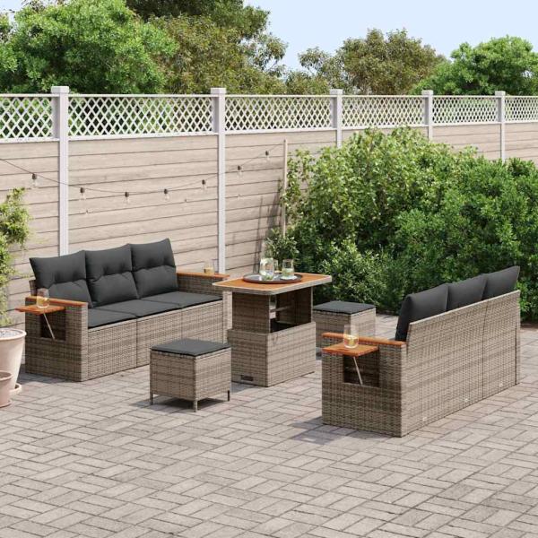 ARDEBO.de - 9-teiliges Garten Sofa Set mit Kissen Grau Poly Rattan Akazie, 3-teiliges Garten Essset mit Kissen Grau Poly Rattan Akazie