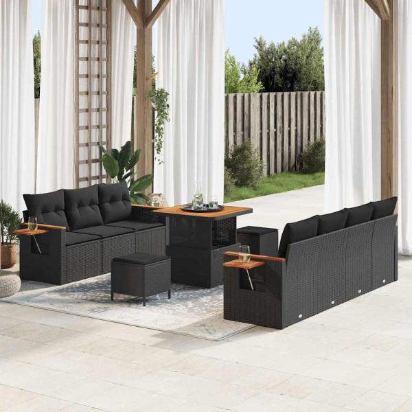 ARDEBO.de - 10-teiliges Garten Sofa Set mit Kissen Schwarz Poly Rattan, 3-teiliges Garten Esszimmer Set mit Kissen Schwarz Poly Rattan