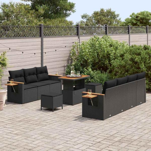 10-teiliges Garten-Sofa-Set mit Kissen Schwarz Poly Rattan Akazie, 3-teiliges Garten-Esstisch-Set mit Kissen Schwarz Poly Rattan Akazie