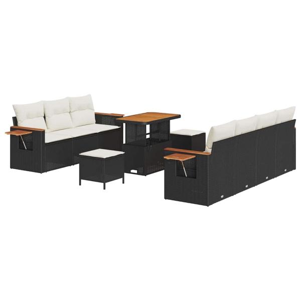 10-tlg. Garten-Sofa-Set mit Kissen Schwarz Poly-Rattan Akazie, 3-tlg. Garten-Ess-Set mit Kissen Schwarz Poly-Rattan Akazie