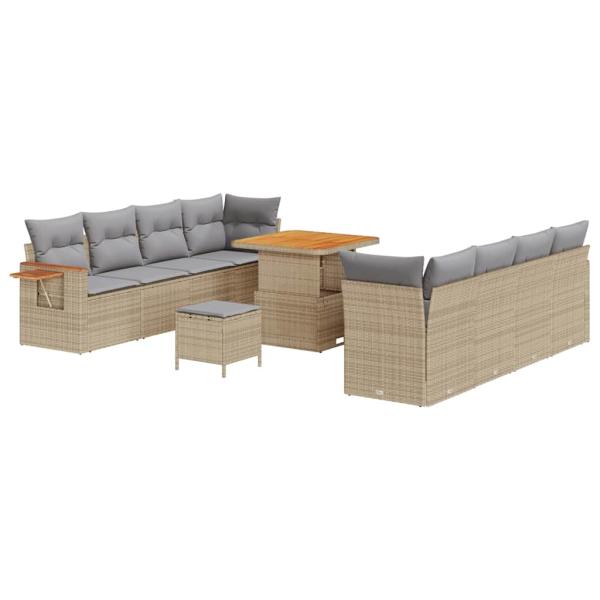 11-teiliges Garten-Sofa-Set mit Kissen Beige Poly Rattan Akazie, 3-teiliges Garten-Esszimmer-Set mit Kissen Beige Poly Rattan Akazie