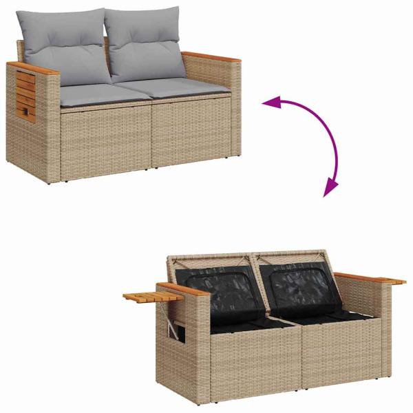 11-teiliges Garten-Sofa-Set mit Kissen Beige Poly Rattan Akazie, 3-teiliges Garten-Esszimmer-Set mit Kissen Beige Poly Rattan Akazie