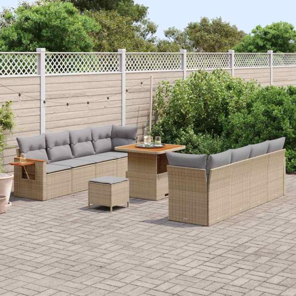 11-teiliges Garten-Sofa-Set mit Kissen Beige Poly Rattan Akazie, 3-teiliges Garten-Esszimmer-Set mit Kissen Beige Poly Rattan Akazie