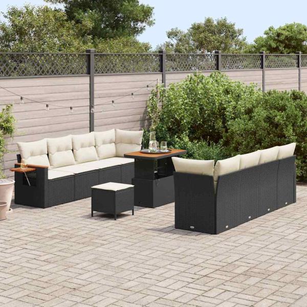 11-teiliges Garten Sofa Set mit Kissen Schwarz Poly Rattan Akazie, 3-teiliges Garten Esszimmerset mit Kissen Schwarz Poly Rattan Akazie