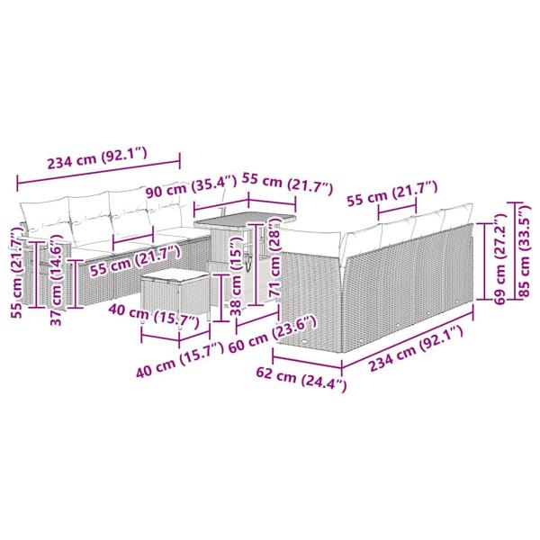 Gartensofa-set mit Kissen 12 pcs Beige und Hellgrau Poly-Rattan