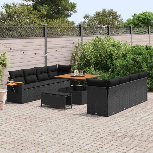 11-teiliges Garten-Sofa Set mit Kissen Schwarz Poly-Rattan Akazie, 3-teiliges Garten-Dining-Set mit Kissen Schwarz Poly-Rattan Akazie