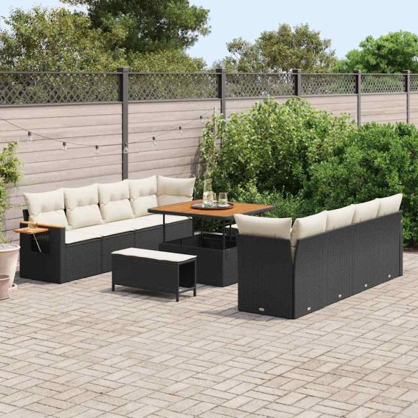 11-teiliges Garten Sofa Set mit Kissen Schwarz Poly Rattan Akazie, 3-teiliges Garten Esszimmer Set mit Kissen Schwarz Poly Rattan Akazie