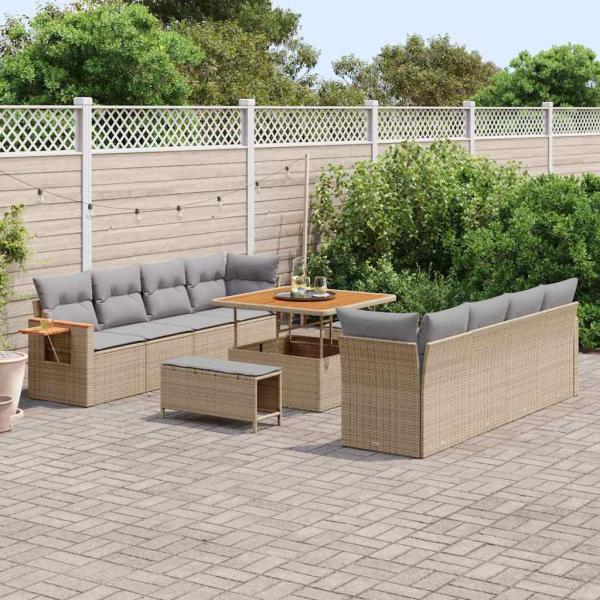 11-teiliges Garten Sofa Set mit Kissen Beige Poly-Rattan Akazie, 3-teiliges Gartentisch Set mit Kissen Beige Poly-Rattan Akazie