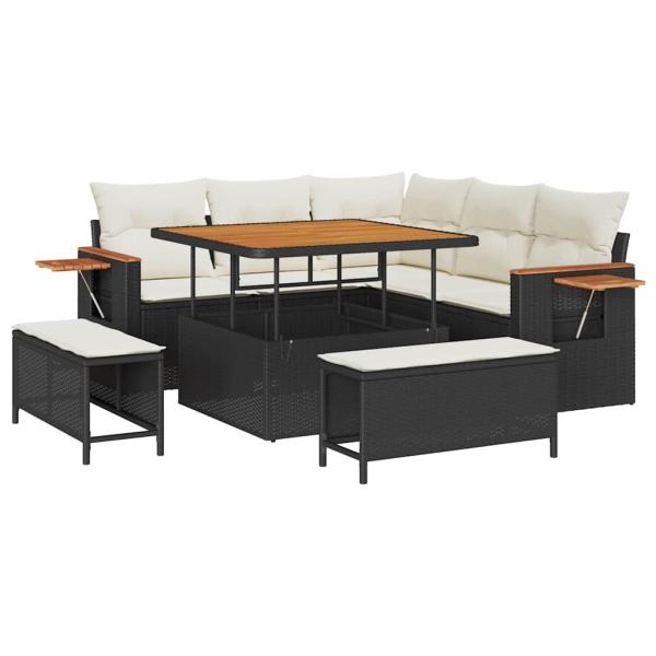 8-teiliges Garten Sofa Set mit Kissen Schwarz Poly Rattan Akazie, 3-teiliges Garten Essset mit Kissen Schwarz Poly Rattan Akazie