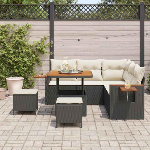 8-teiliges Garten Sofa Set mit Kissen Schwarz Poly Rattan Akazie, 3-teiliges Garten Esstisch Set mit Kissen Schwarz Poly Rattan Akazie
