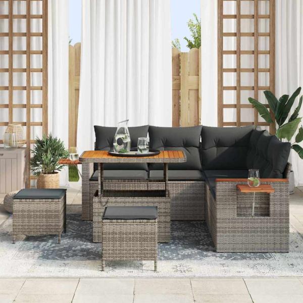 8-teiliges Garten Sofa Set mit Kissen Grau Poly Rattan Akazie, 3-teiliges Garten Essset mit Kissen Grau Poly Rattan Akazie