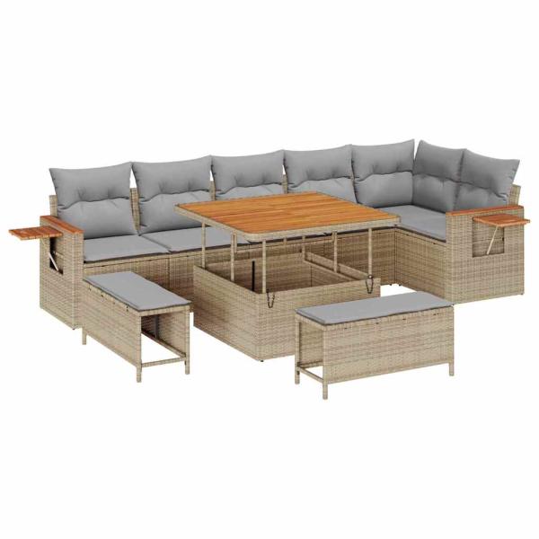 9-teiliges Garten Sofaset mit Kissen Beige Poly Rattan Akazie, 3-teiliges Garten Essset mit Kissen Beige Poly Rattan Akazie