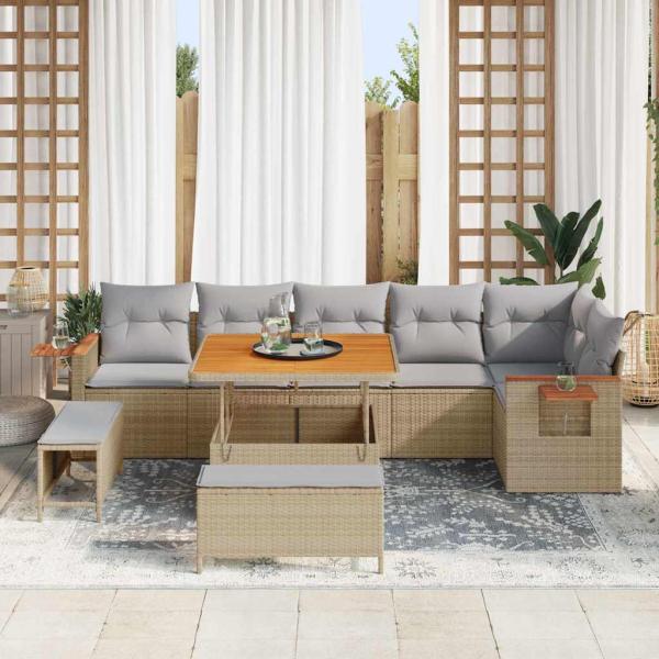 9-teiliges Garten Sofaset mit Kissen Beige Poly Rattan Akazie, 3-teiliges Garten Essset mit Kissen Beige Poly Rattan Akazie