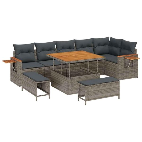 9 Teile Garten Sofa Set mit Kissen Grau Poly-Rattan Akazie, 3 Teile Garten Essbereich mit Kissen Grau Poly-Rattan Akazie