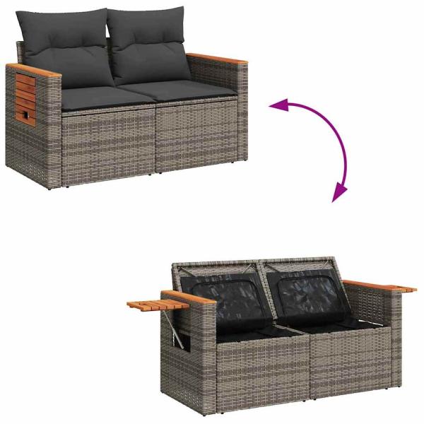 9-teiliges Garten Sofa Set mit Kissen Grau Poly Rattan Stahlrahmen, 3-teiliges Garten Essset mit Kissen Grau Poly Rattan Stahlrahmen