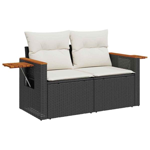 10-teiliges Garten-Sofa-Set mit Kissen Schwarz Poly Rattan Akazie, 4-teiliges Garten-Ess-Set mit Kissen Schwarz Poly Rattan Akazie