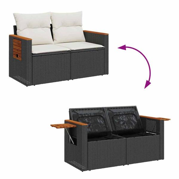 10-teiliges Garten-Sofa-Set mit Kissen Schwarz Poly Rattan Akazie, 4-teiliges Garten-Ess-Set mit Kissen Schwarz Poly Rattan Akazie