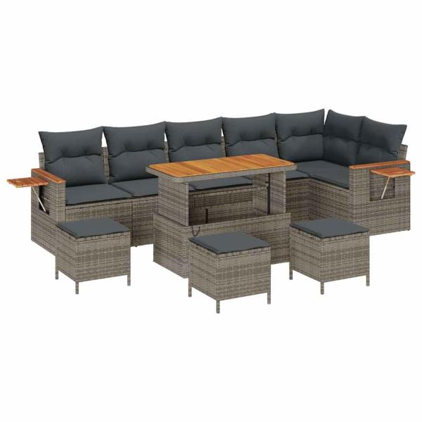 ARDEBO.de - 10-teiliges Garten-Sofa-Set mit Kissen Grau Poly-Rattan Akazie, 4-teiliges Garten-Ess-Set mit Kissen Grau Poly-Rattan Akazie