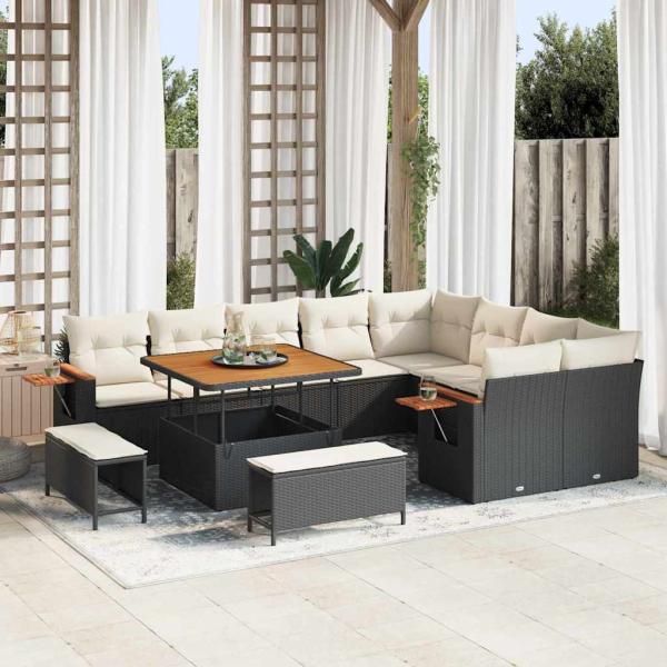 ARDEBO.de - 12-teiliges Garten-Sofaset mit Kissen - Schwarz Poly-Rattan, 3-teiliges Garten-Dining-Set mit Kissen - Schwarz Poly-Rattan