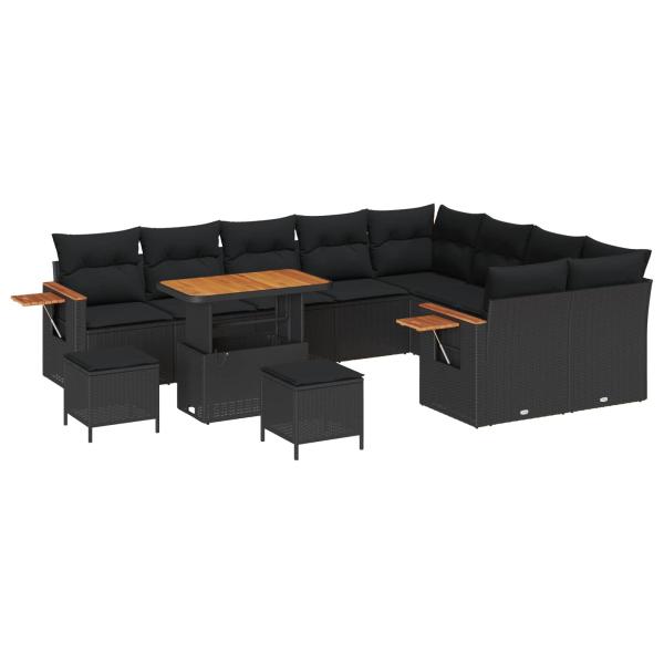 ARDEBO.de - 12-teiliges Garten Sofa Set mit Kissen Schwarz Poly-Rattan Akazie, 3-teiliges Gartenset mit Kissen Schwarz Poly-Rattan Akazie