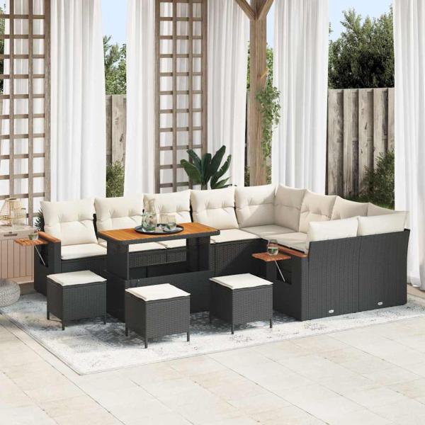 ARDEBO.de - 13-teiliges Garten Sofa Set mit Kissen Schwarz Poly Rattan Akazie, 4-teiliges Garten Esszimmer Set mit Kissen Schwarz Poly Rattan Akazie