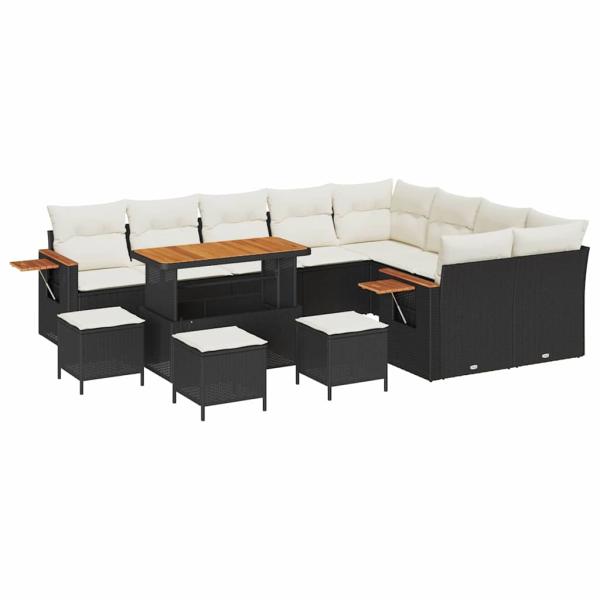 13-teiliges Garten Sofa Set mit Kissen Schwarz Poly Rattan Akazie, 4-teiliges Garten Esszimmer Set mit Kissen Schwarz Poly Rattan Akazie