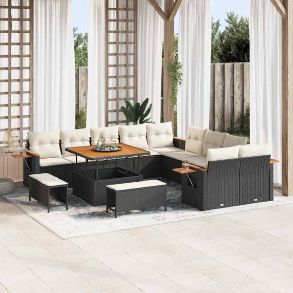 ARDEBO.de - 13-teiliges Garten-Sofa-Set mit Kissen Schwarz Poly-Rattan Akazie, 3-teiliges Garten-Ess-Set mit Kissen Schwarz Poly-Rattan Akazie