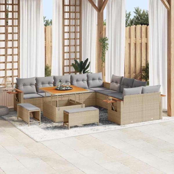 ARDEBO.de - 13-teiliges Garten-Sofaset mit Kissen Beige Poly-Rattan Akazie, 3-teiliges Garten-Ess-Set mit Kissen Beige Poly-Rattan Akazie