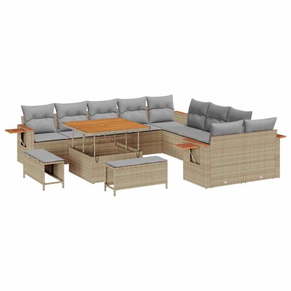 13-teiliges Garten-Sofaset mit Kissen Beige Poly-Rattan Akazie, 3-teiliges Garten-Ess-Set mit Kissen Beige Poly-Rattan Akazie