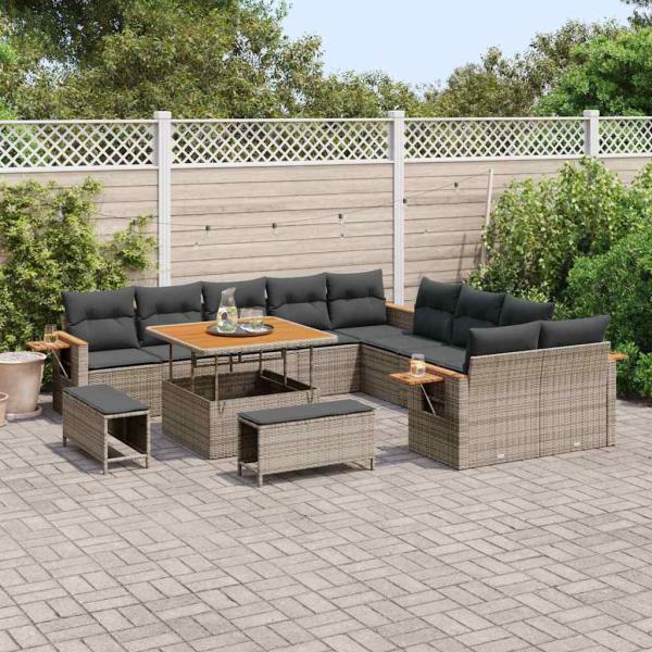 13-teiliges Garten-Sofa-Set mit Kissen Grau Poly-Rattan Akazie, 3-teiliges Garten-Essenset mit Kissen Grau Poly-Rattan Akazie