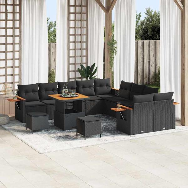 ARDEBO.de - 13-teiliges Garten Sofa Set mit Kissen Schwarzes Poly Rattan, 3-teiliges Garten Esszimmer Set mit Kissen Schwarzes Poly Rattan
