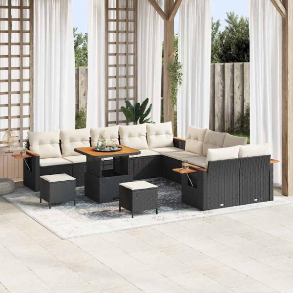 ARDEBO.de - 13-teiliges Garten Sofa Set mit Kissen Schwarz Poly Rattan Akazie, 3-teiliges Garten Esszimmer Set mit Kissen Schwarz Poly Rattan Akazie