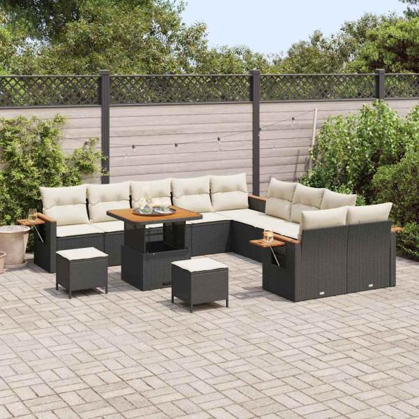 13-teiliges Garten Sofa Set mit Kissen Schwarz Poly Rattan Akazie, 3-teiliges Garten Esszimmer Set mit Kissen Schwarz Poly Rattan Akazie