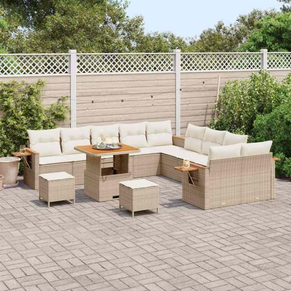 13-teiliges Garten Sofa Set mit Kissen Beige Poly Rattan Akazie, 3-teiliges Garten Essenset mit Kissen Beige Poly Rattan Akazie