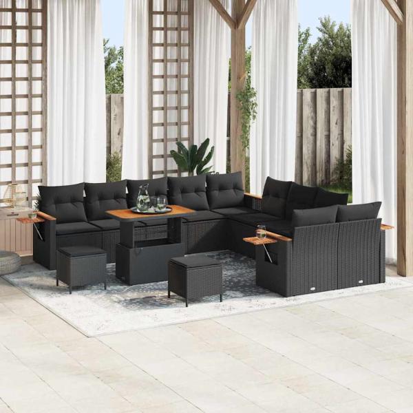 ARDEBO.de - 13-teiliges Garten-Sofa-Set mit Kissen Schwarz Poly-Rattan Akazie, 3-teiliges Garten-Ess-Set mit Kissen Schwarz Poly-Rattan Akazie