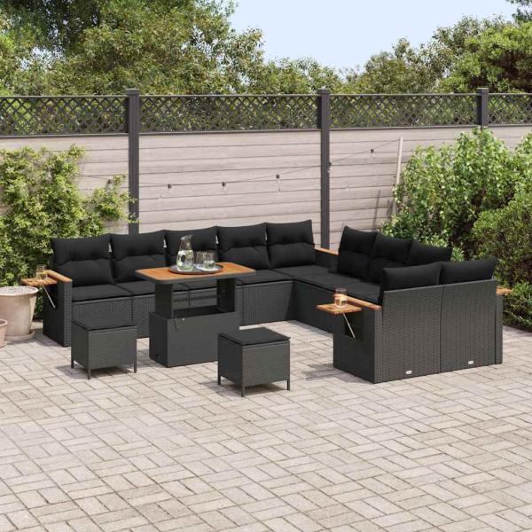 13-teiliges Garten-Sofa-Set mit Kissen Schwarz Poly-Rattan Akazie, 3-teiliges Garten-Ess-Set mit Kissen Schwarz Poly-Rattan Akazie