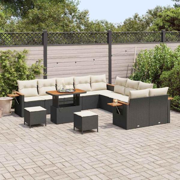 13-teiliges Garten Sofa Set mit Kissen in Schwarz aus Polyrattan mit Akazie, 3-teiliges Garten Esszimmer Set mit Kissen in Schwarz aus Polyrattan mit Akazie