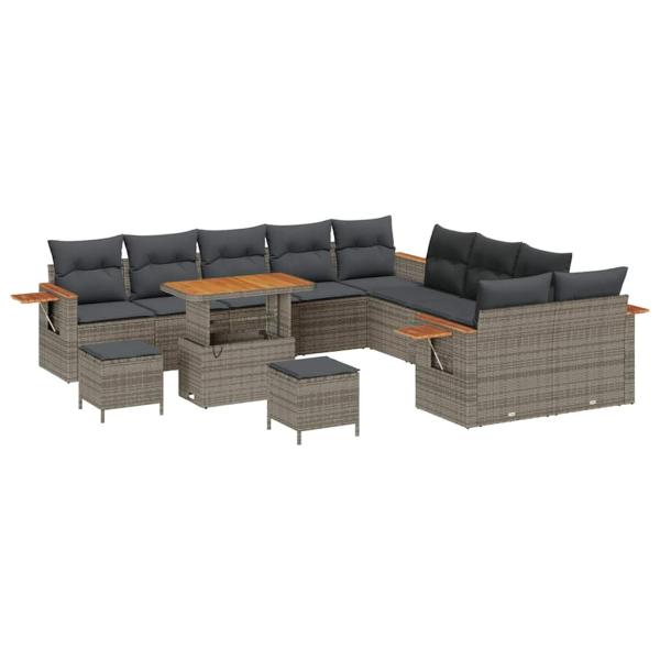 13-teiliges Garten Sofa Set mit Kissen Grau Poly Rattan Akazie, 3-teiliges Garten Essset mit Kissen Grau Poly Rattan Akazie