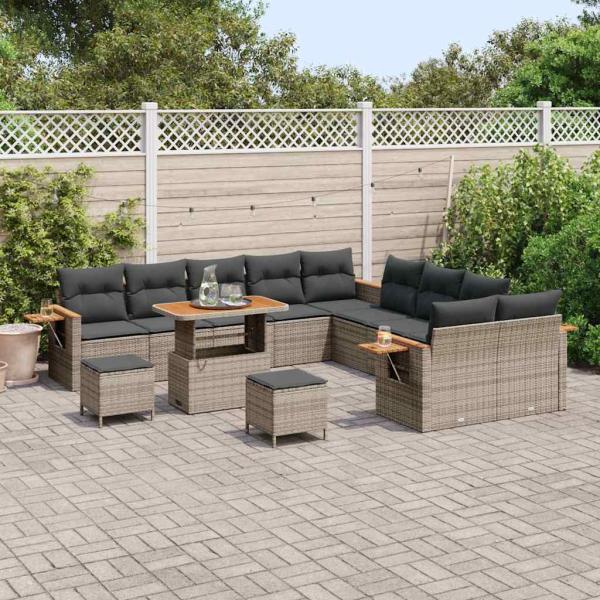 13-teiliges Garten Sofa Set mit Kissen Grau Poly Rattan Akazie, 3-teiliges Garten Essset mit Kissen Grau Poly Rattan Akazie