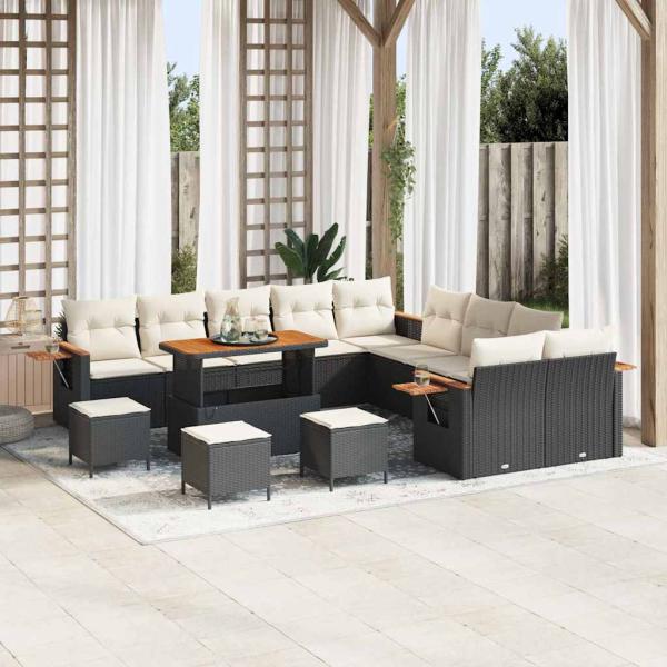 ARDEBO.de - 14-teiliges Garten-Sofa-Set mit Kissen - Schwarzes Poly-Rattan Akazie, 4-teiliges Garten-Ess-Set mit Kissen - Schwarzes Poly-Rattan Akazie