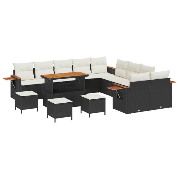 14-teiliges Garten-Sofa-Set mit Kissen - Schwarzes Poly-Rattan Akazie, 4-teiliges Garten-Ess-Set mit Kissen - Schwarzes Poly-Rattan Akazie