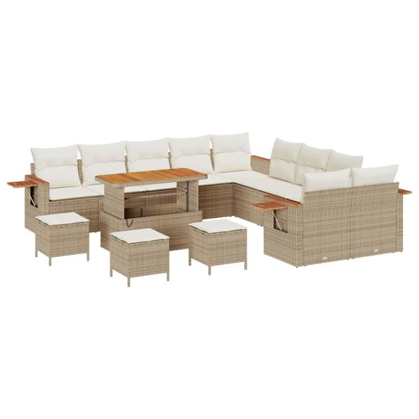 14-teiliges Garten Sofaset mit Kissen Beige Poly Rattan Akazie, 4-teiliges Garten Essset mit Kissen Beige Poly Rattan Akazie
