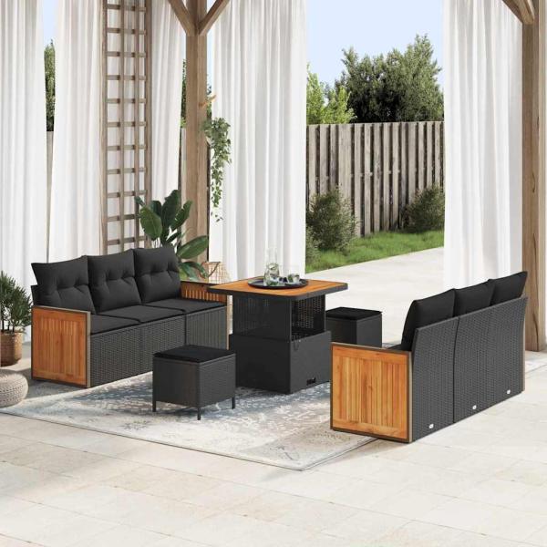 ARDEBO.de - 9-teiliges Garten-Sofaset mit Kissen Schwarz Poly-Rattan Akazie, 3-teiliges Garten-Ess-Set mit Kissen Schwarz Poly-Rattan Akazie