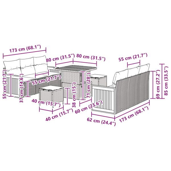 9-teiliges Garten-Sofaset mit Kissen Schwarz Poly-Rattan Akazie, 3-teiliges Garten-Ess-Set mit Kissen Schwarz Poly-Rattan Akazie