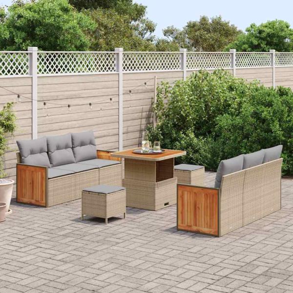 9-teiliges Garten Sofa Set mit Kissen Beige Poly Rattan Akazie, 3-teiliges Garten Esszimmer Set mit Kissen Beige Poly Rattan Akazie