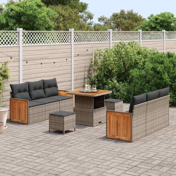 ARDEBO.de - 9-teiliges Garten-Sofa-Set mit Kissen Grau Poly-Rattan Akazie, 3-teiliges Garten-Esszimmer-Set mit Kissen Grau Poly-Rattan Akazie