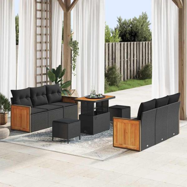 ARDEBO.de - 9-teiliges Garten Sofaset mit Kissen Schwarz Poly Rattan Akazienholz, 3-teiliges Garten Esstisch Set mit Kissen Schwarz Poly Rattan Akazienholz